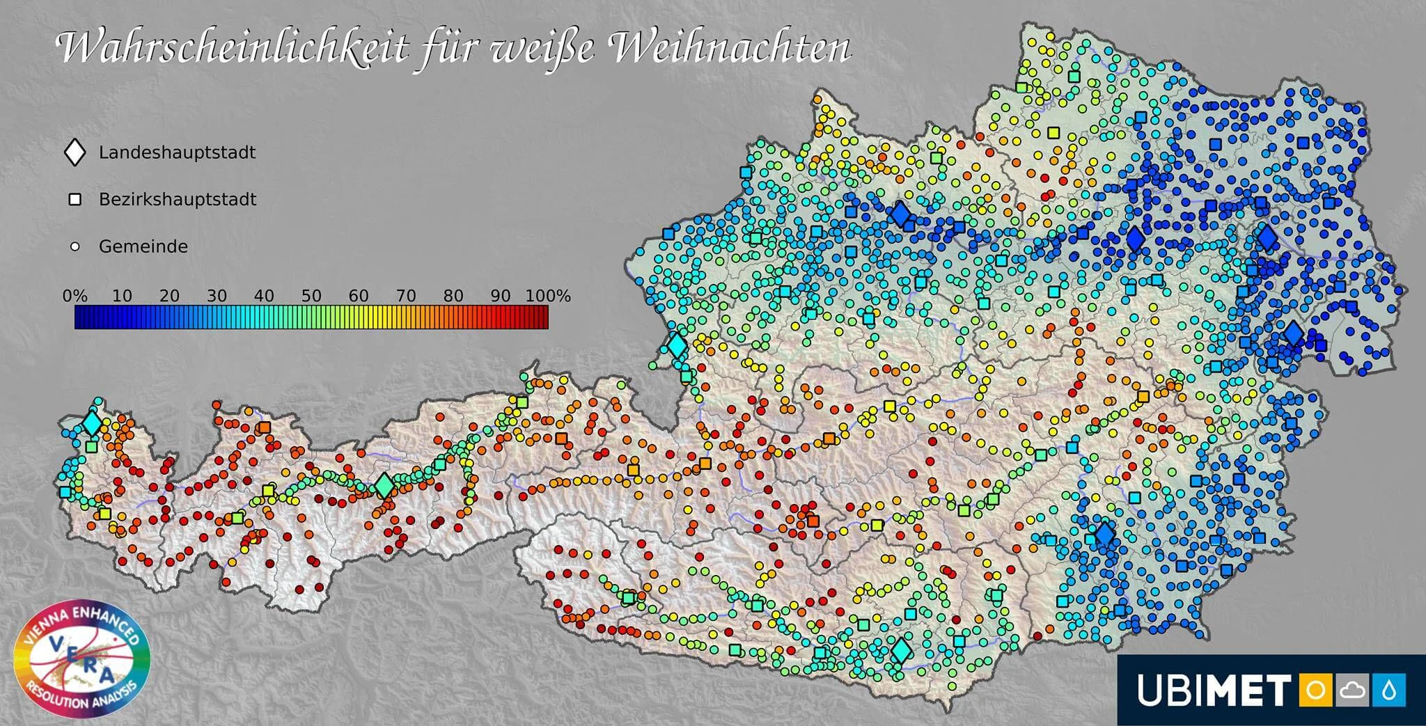 Klimatologische Wahrscheinlichkeit für Weiße Weihnachten.