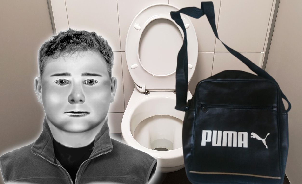 Phantombild des Gesuchten und Symbolfoto der Tasche.