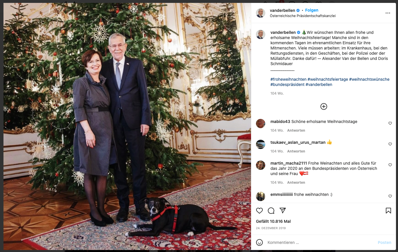 Bundespräsident Alexander Van der Bellen feiert im kleinen Kreis mit Ehefrau Doris Schmidauer und Hund Juli. 