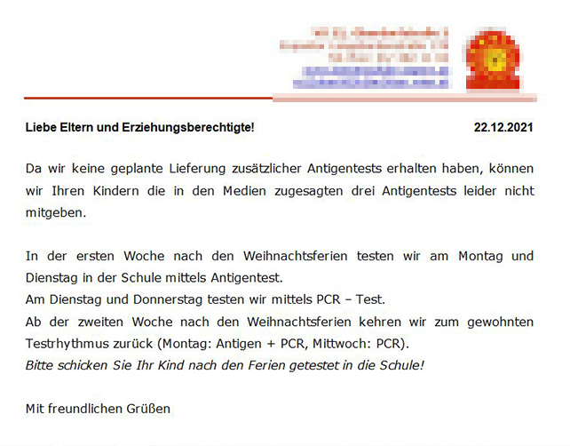 Schulnachricht Coronatest