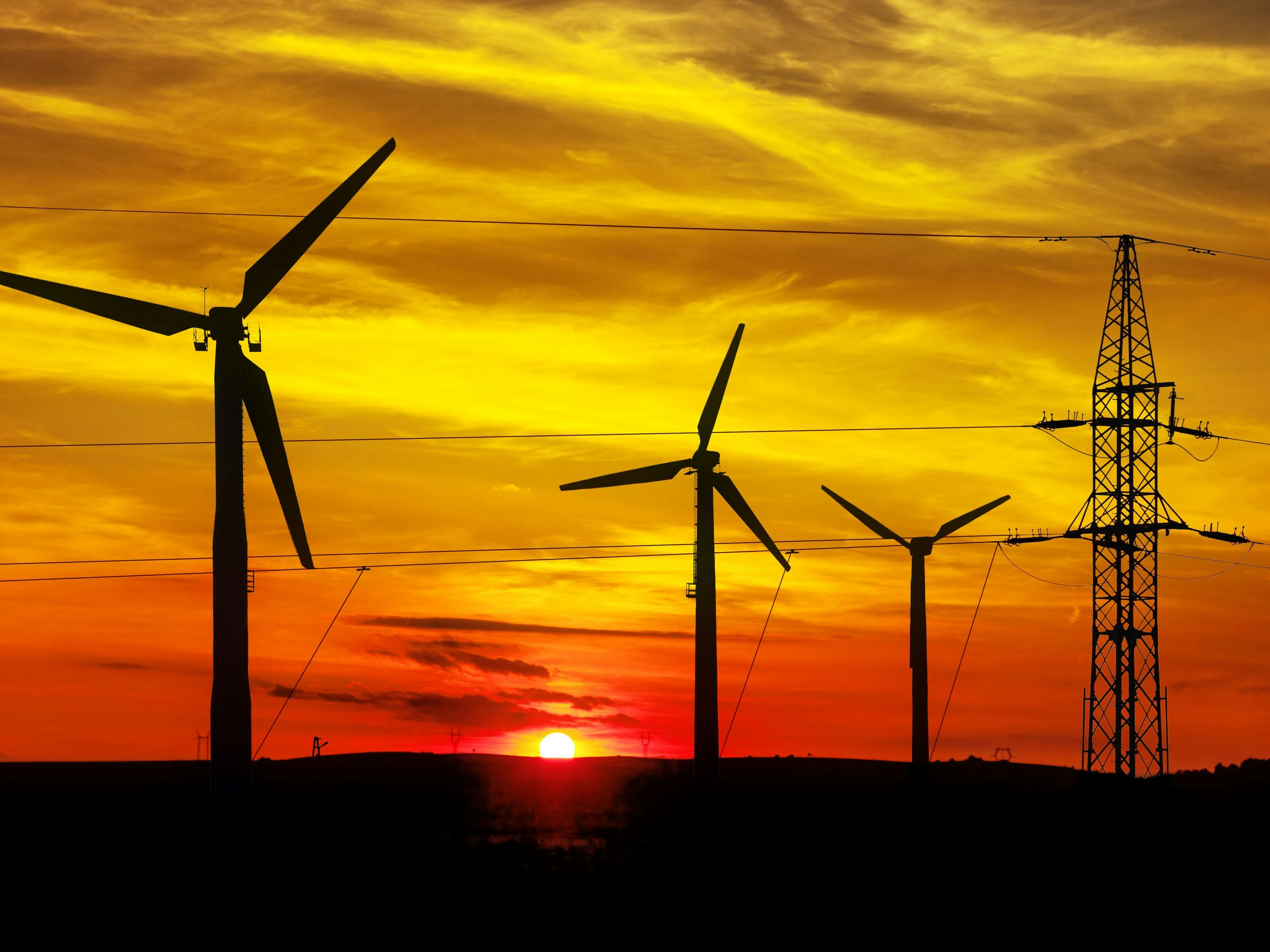 High Voltage Power Line and Wind Turbines at sunset.