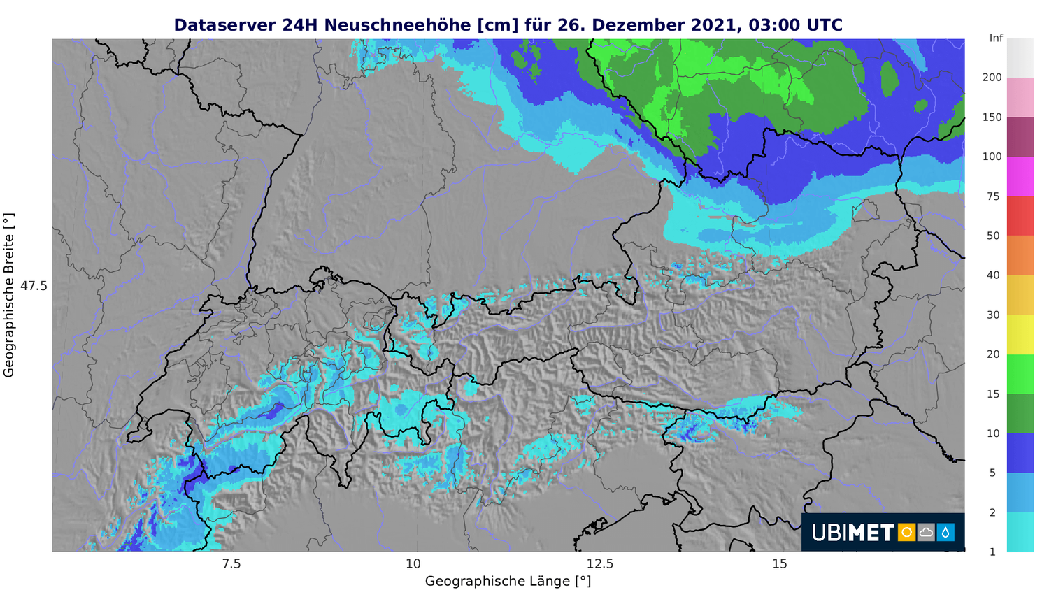 24-stündige Neuschneemengen am Christtag.