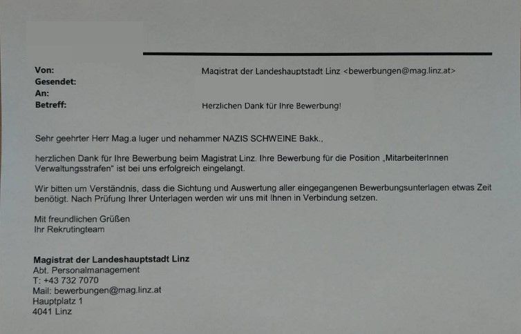 So sahen die Mails aus, die verschickt wurden. Die Beleidigungen variierten allerdings.