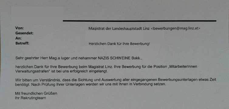 So sahen die Mails aus, die verschickt wurden. Die Beleidigungen variierten allerdings.