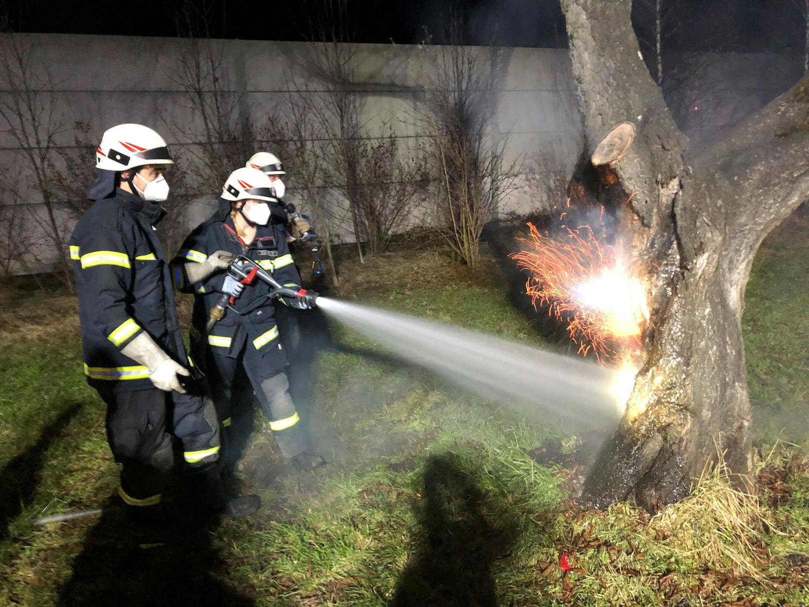 In Kramsach wurde ein Baum mit Pyrotechnik in Brand gesetzt.
