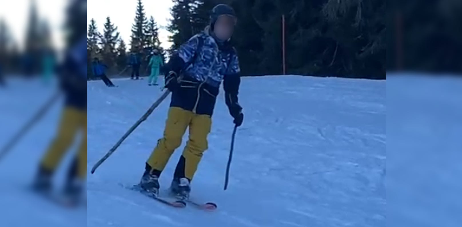 Bursch vergisst Skistöcke, fährt mit Ästen über Piste