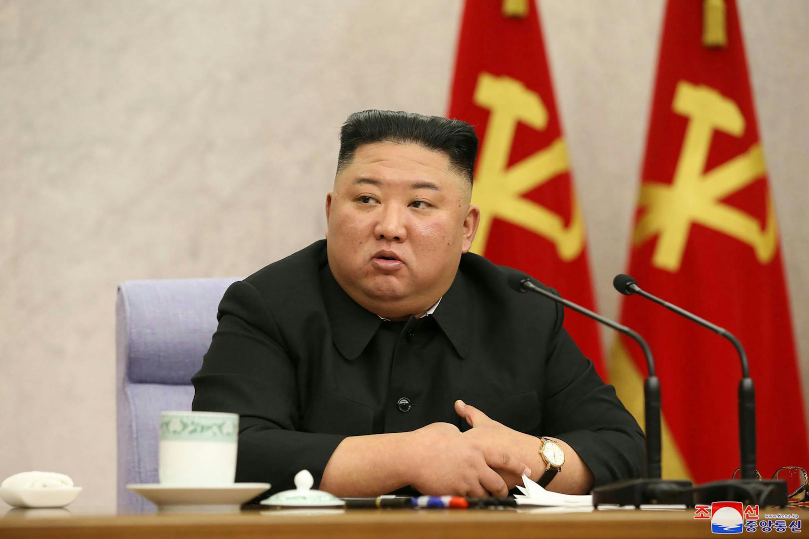 Noch in diesem, auf Februar 2021 datierten Bild, ist Kim Jong-un noch mit wohlgenährten Pausbacken und Doppelkinn zu sehen.
