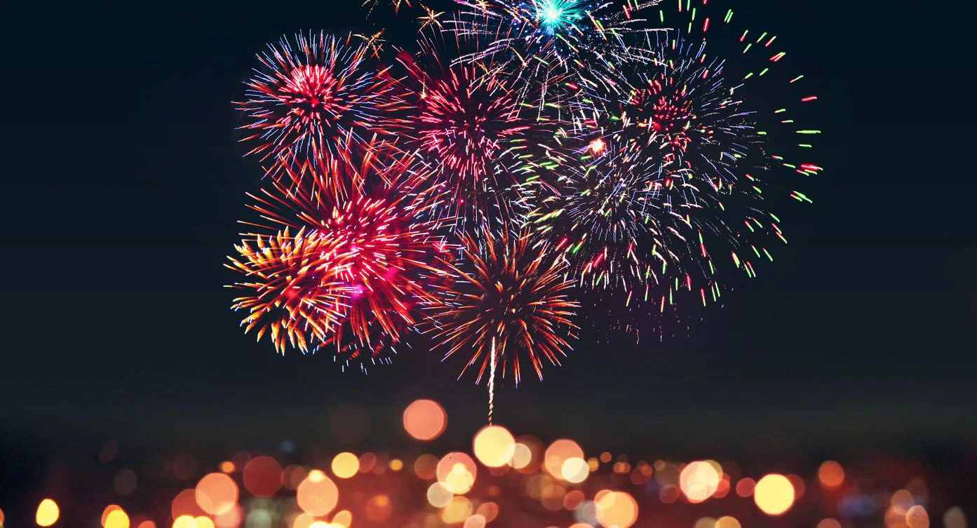 Colorful firework with bokeh background. New Year celebration, Abstract holiday background