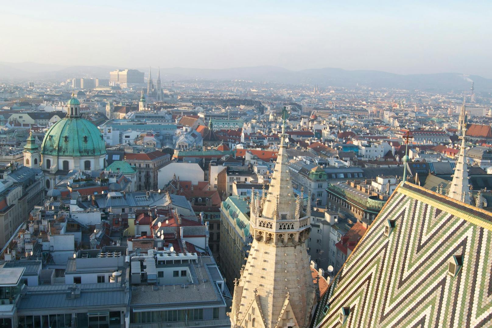 A panoramic shot of Vienna, Austria, taken from the top of St. Stephens' Cathedral.