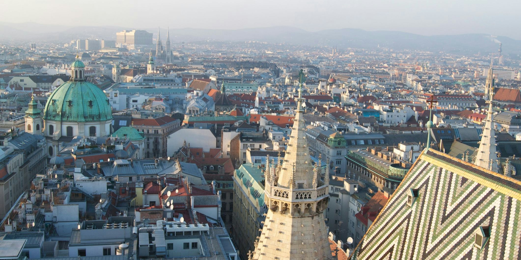 A panoramic shot of Vienna, Austria, taken from the top of St. Stephens' Cathedral.