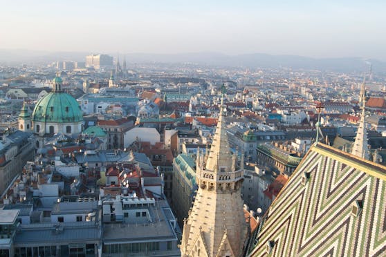 A panoramic shot of Vienna, Austria, taken from the top of St. Stephens' Cathedral.