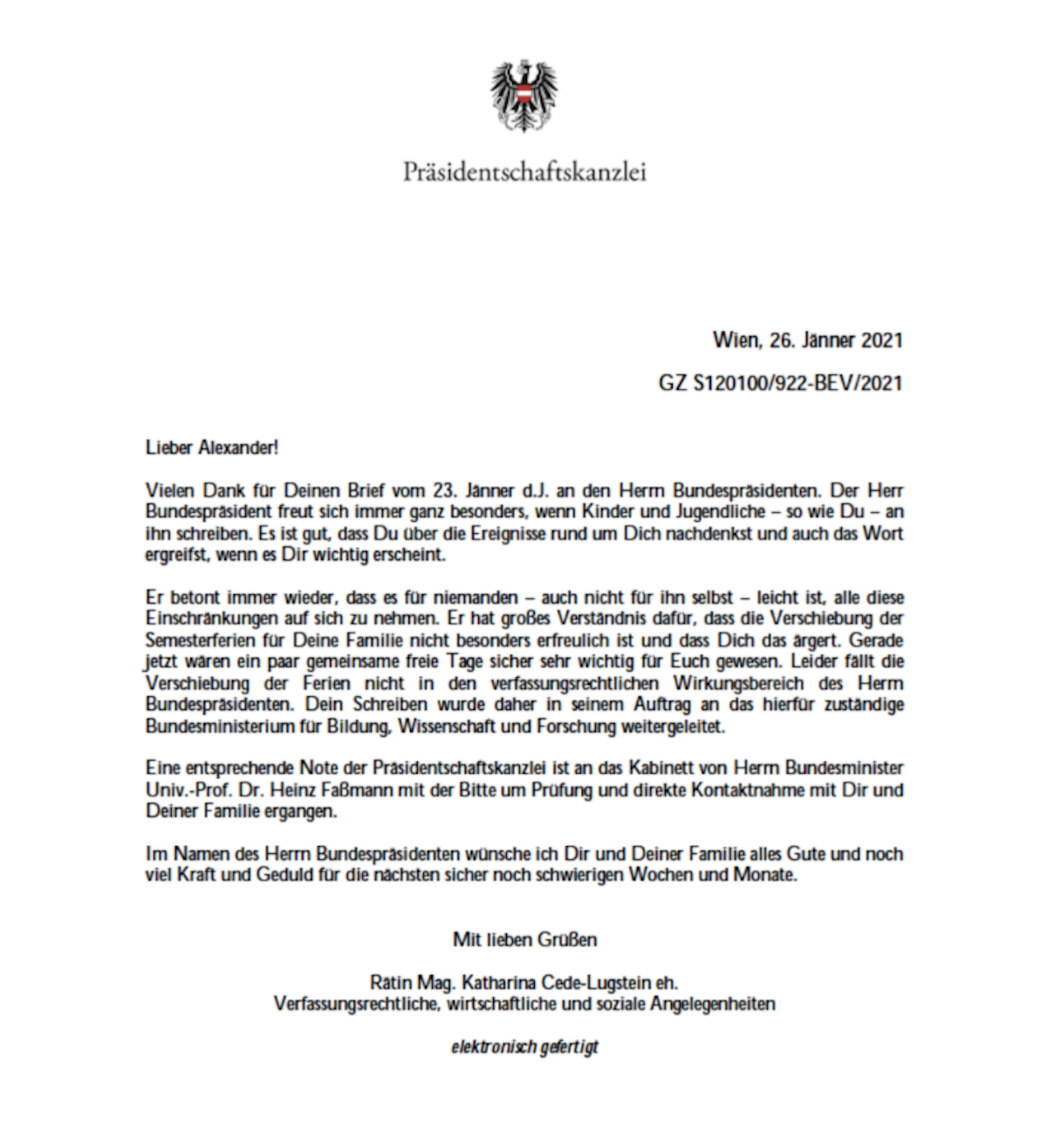 Mit diesem Brief antwortete der Bundespräsident dem kleinen Alex.