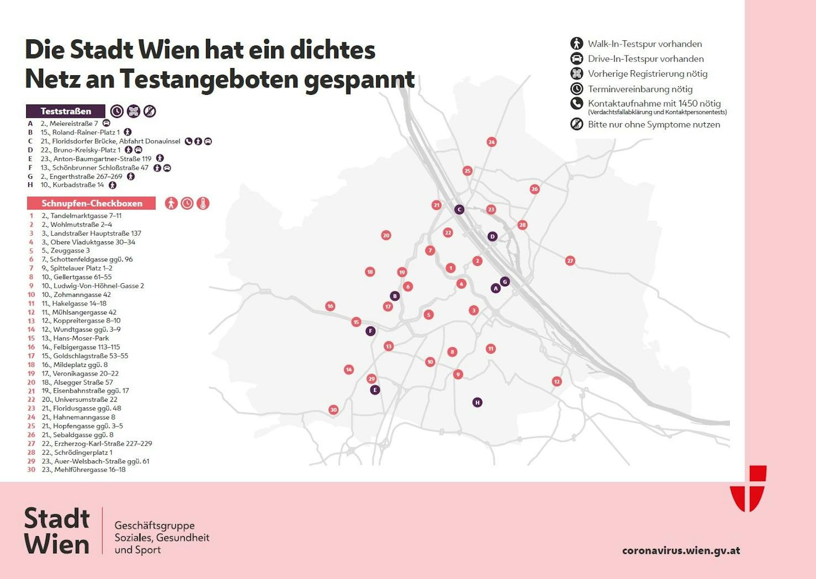 Alle Teststandorte der Stadt Wien im Überblick.