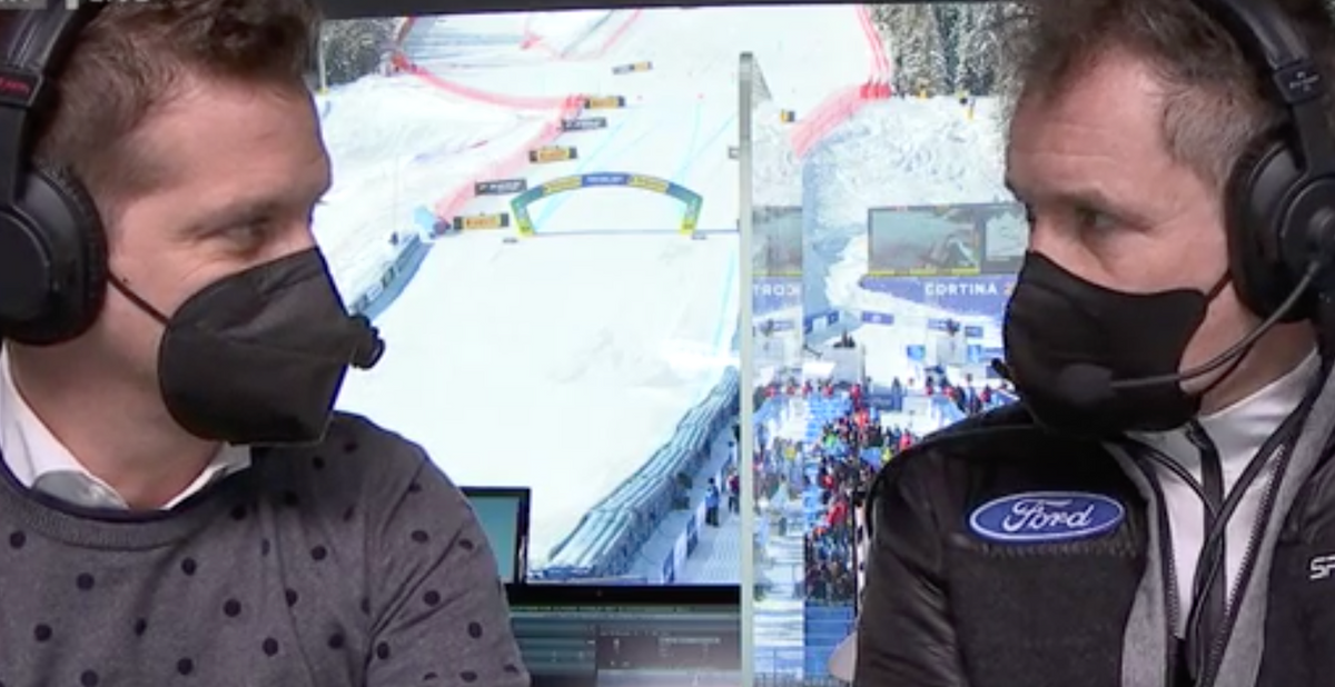 Oliver Polzer und Armin Assinger in ihrer Kommentatoren-Kabine in Cortina.