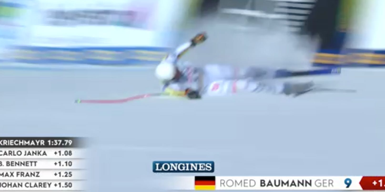 Romed Baumann kommt in der WM-Abfahrt im Ziel zu Sturz und verletzt sich im Gesicht.