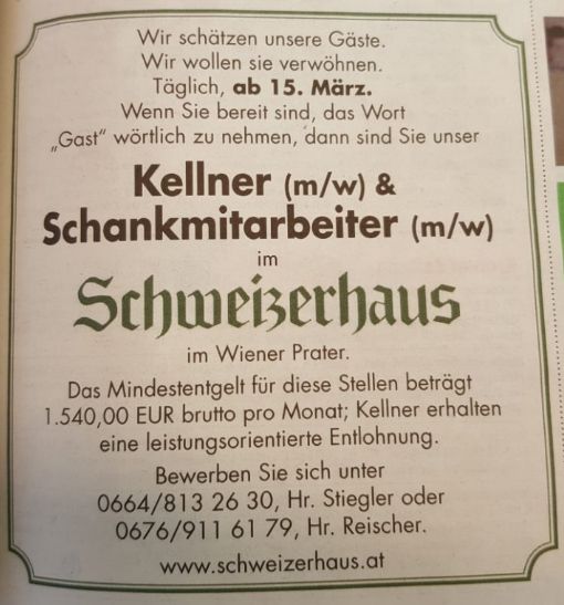 Das Schweizerhaus-Inserat in der "Krone".