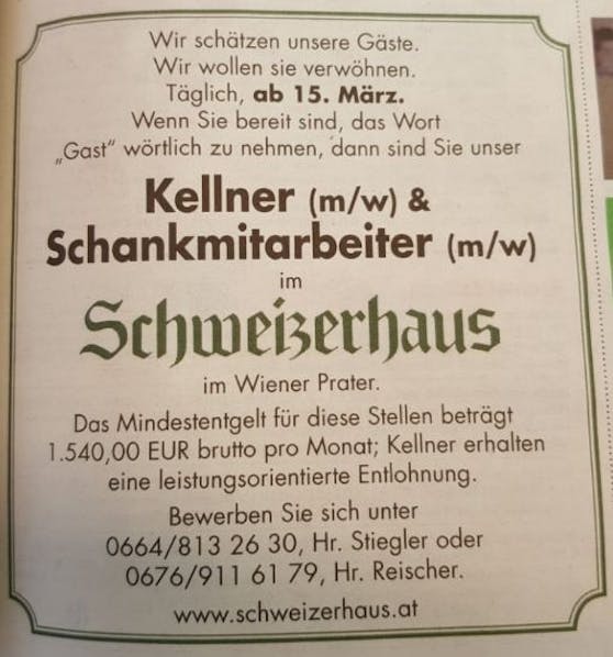 Das Schweizerhaus-Inserat in der "Krone".