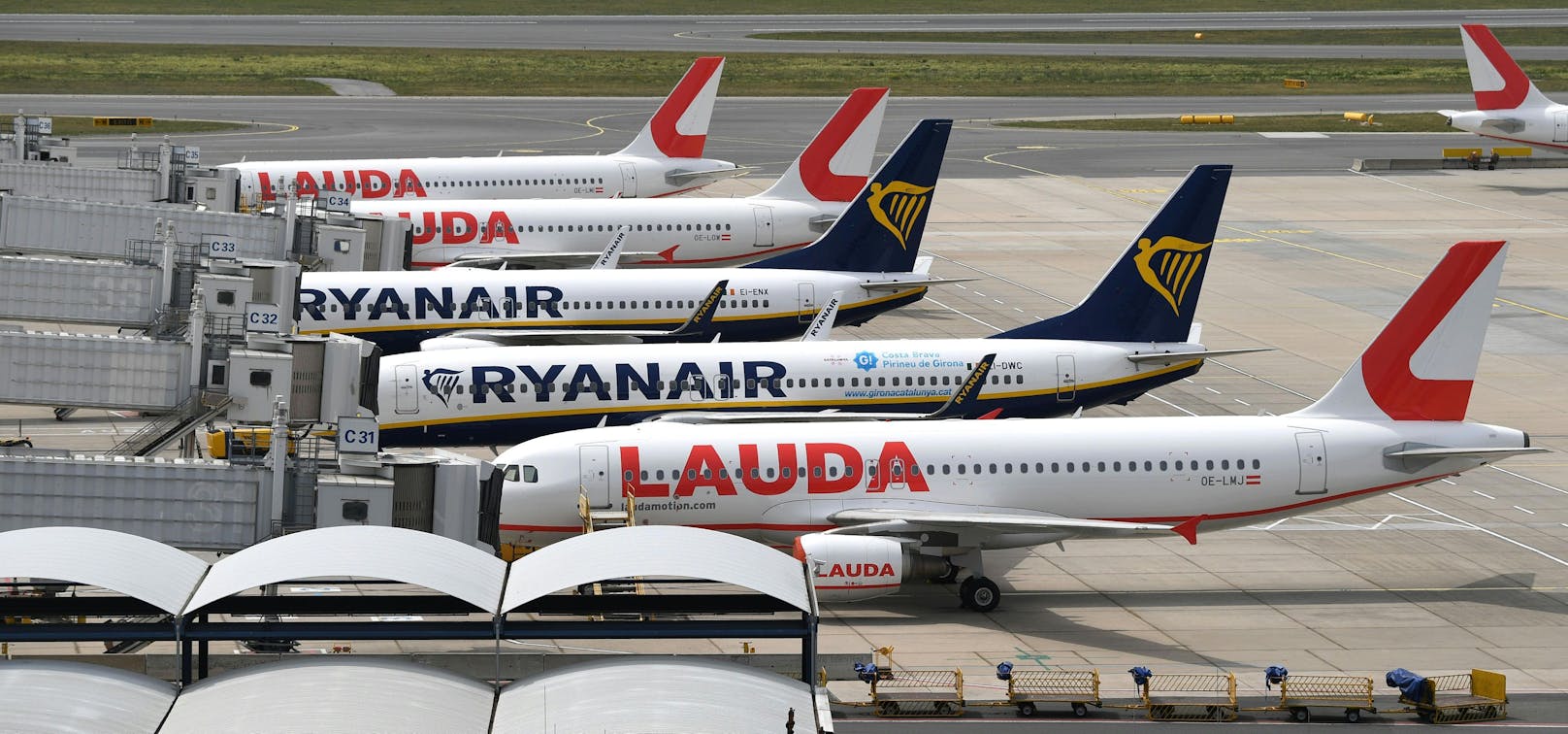 Laudamotion und Ryanair-Flugzeuge aufgenommen am Freitag, 22. Mai 2020, am Flughafen Wien-Schwechat.