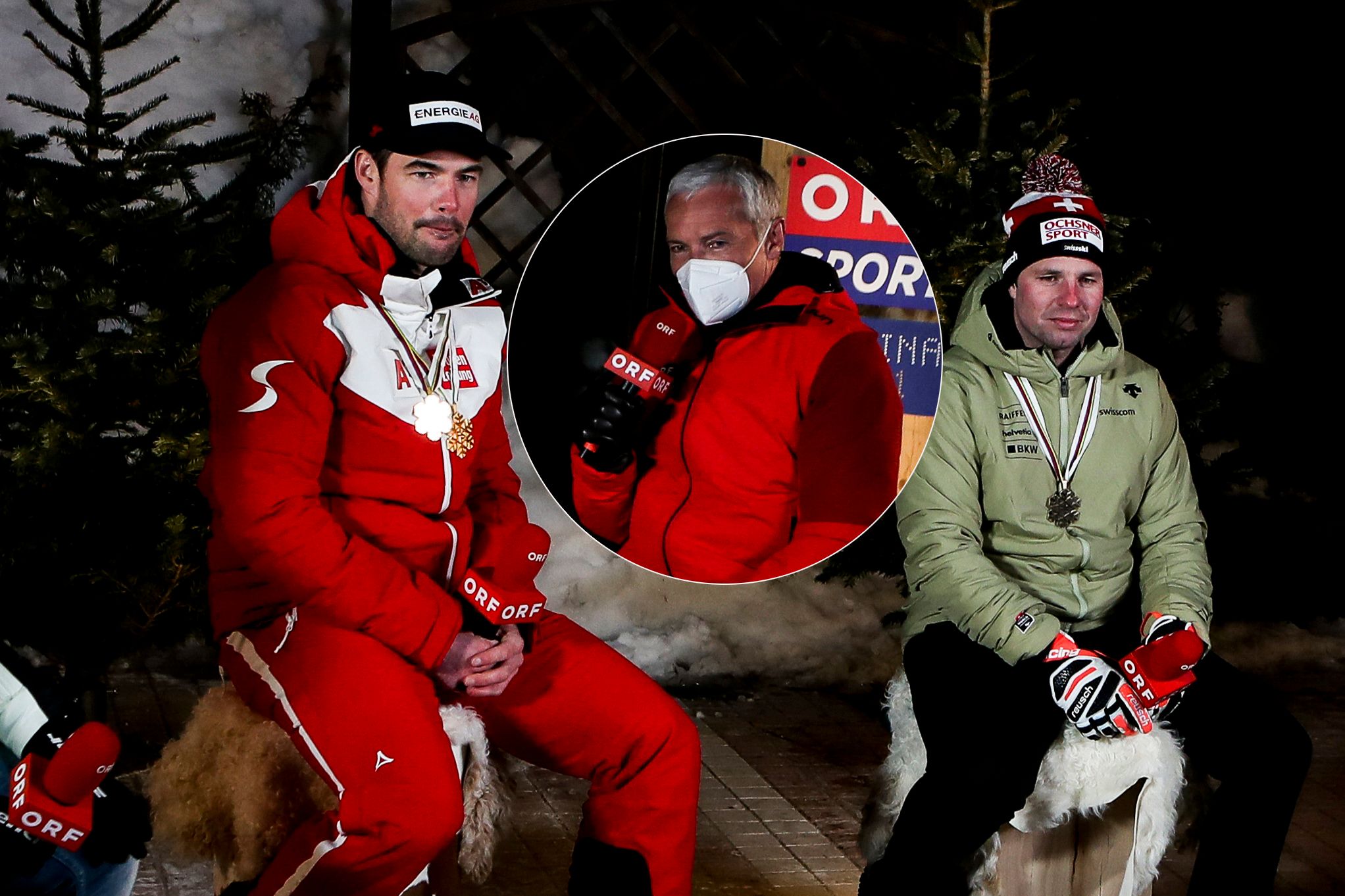 Kriechmayr (l.) im ORF-Studio mit Feuz (r.) und Moderator Pariasek