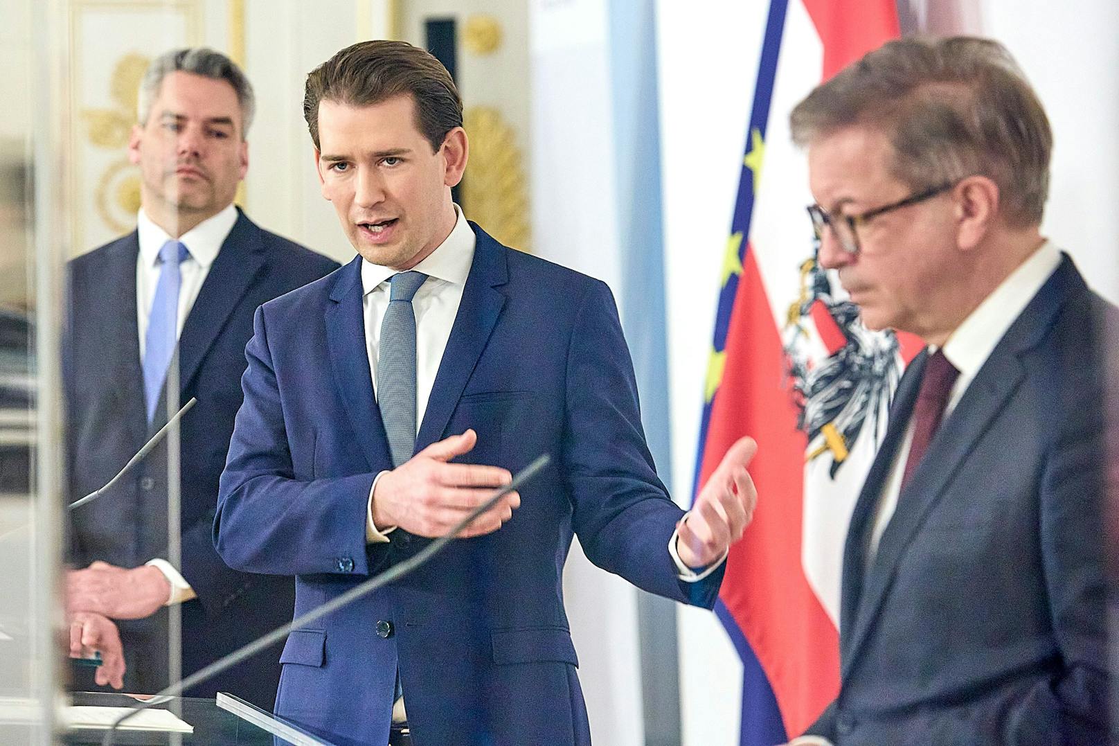 Innenminister Karl Nehammer (ÖVP), Bundeskanzler Sebastian Kurz (ÖVP), Gesundheitsminister Rudolf Anschober (Grüne)