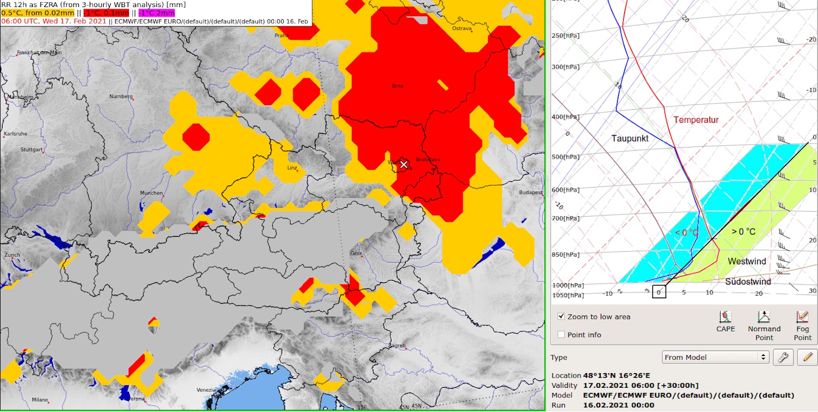 Eisregenrisiko (rot) am Mittwochmorgen und Vertikalprofil über Wien