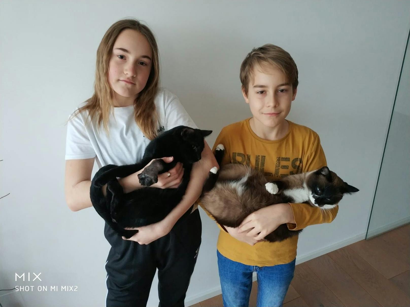 Die Kinder Viktoria (11) und Sebastian (9) mit ihren Haustieren Raul und Una. Beim Kater ist die Schwellung an der Pfote noch deutlich erkennbar.