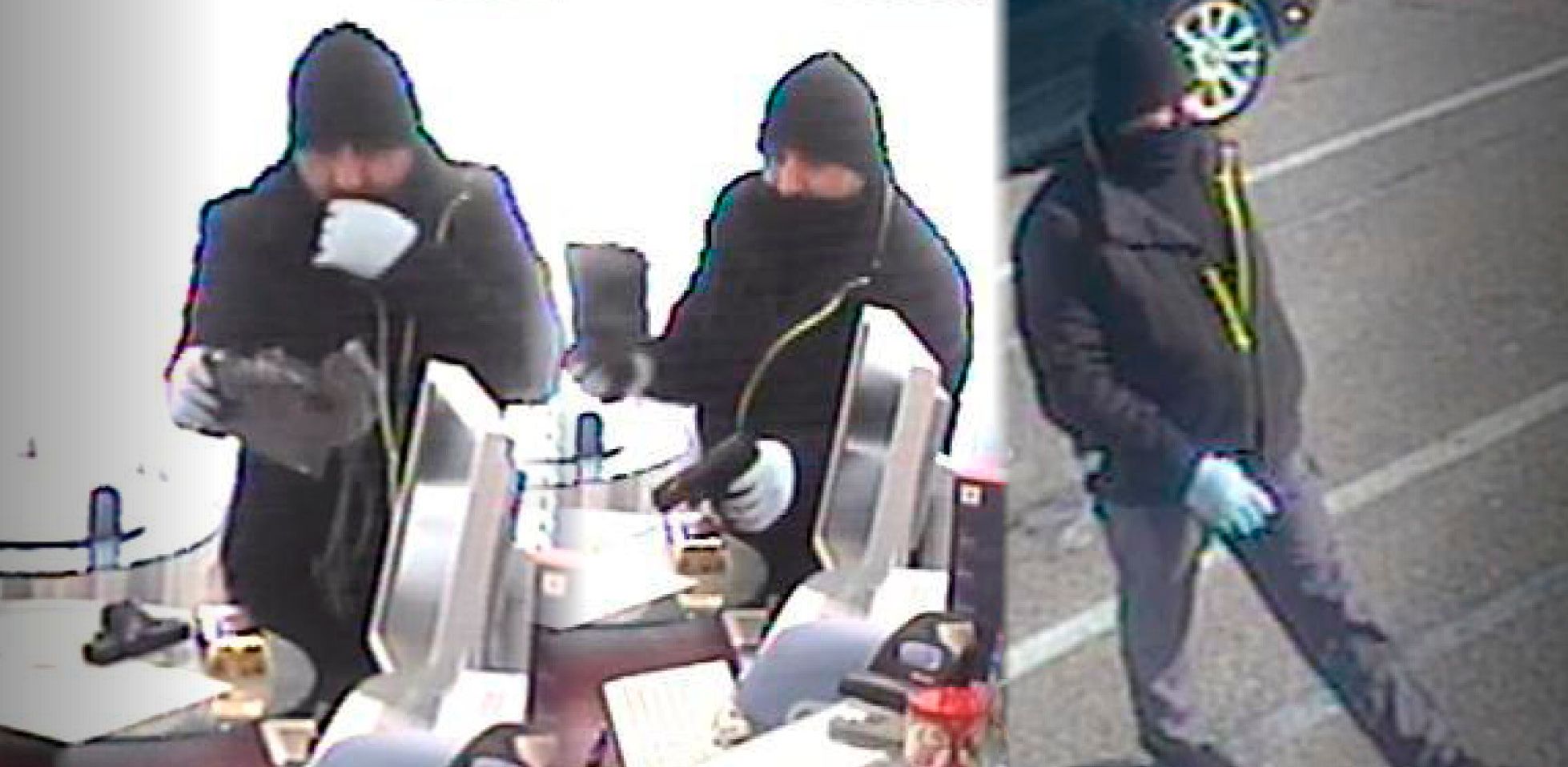 Die Polizei sucht mit diesen Fahndungsfotos nach dem Bankräuber von Doppl.