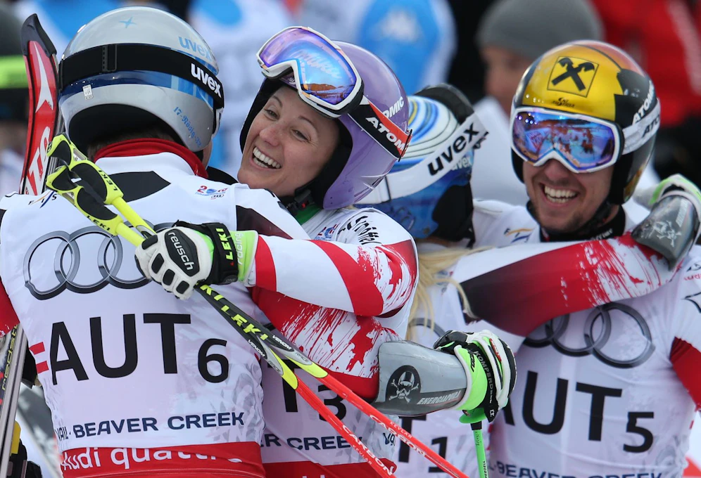 Michaela Kirchgasser jubelte 2015 an der Seite von Marcel Hirscher über Gold im Team-Bewerb.
