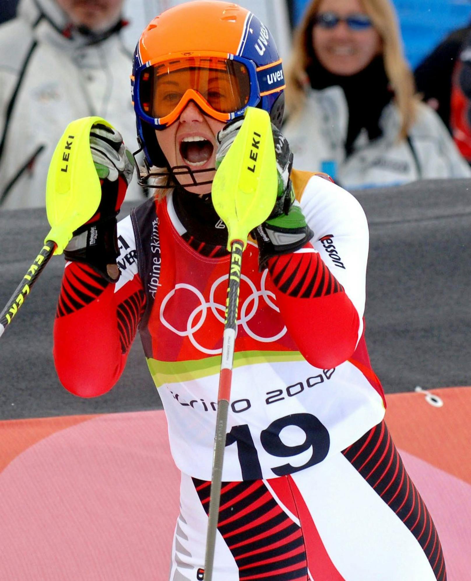 Michi Kirchgasser bei den Olympischen Spielen 2006. Im Slalom wurde sie Fünfte, in der Kombi Sechste.