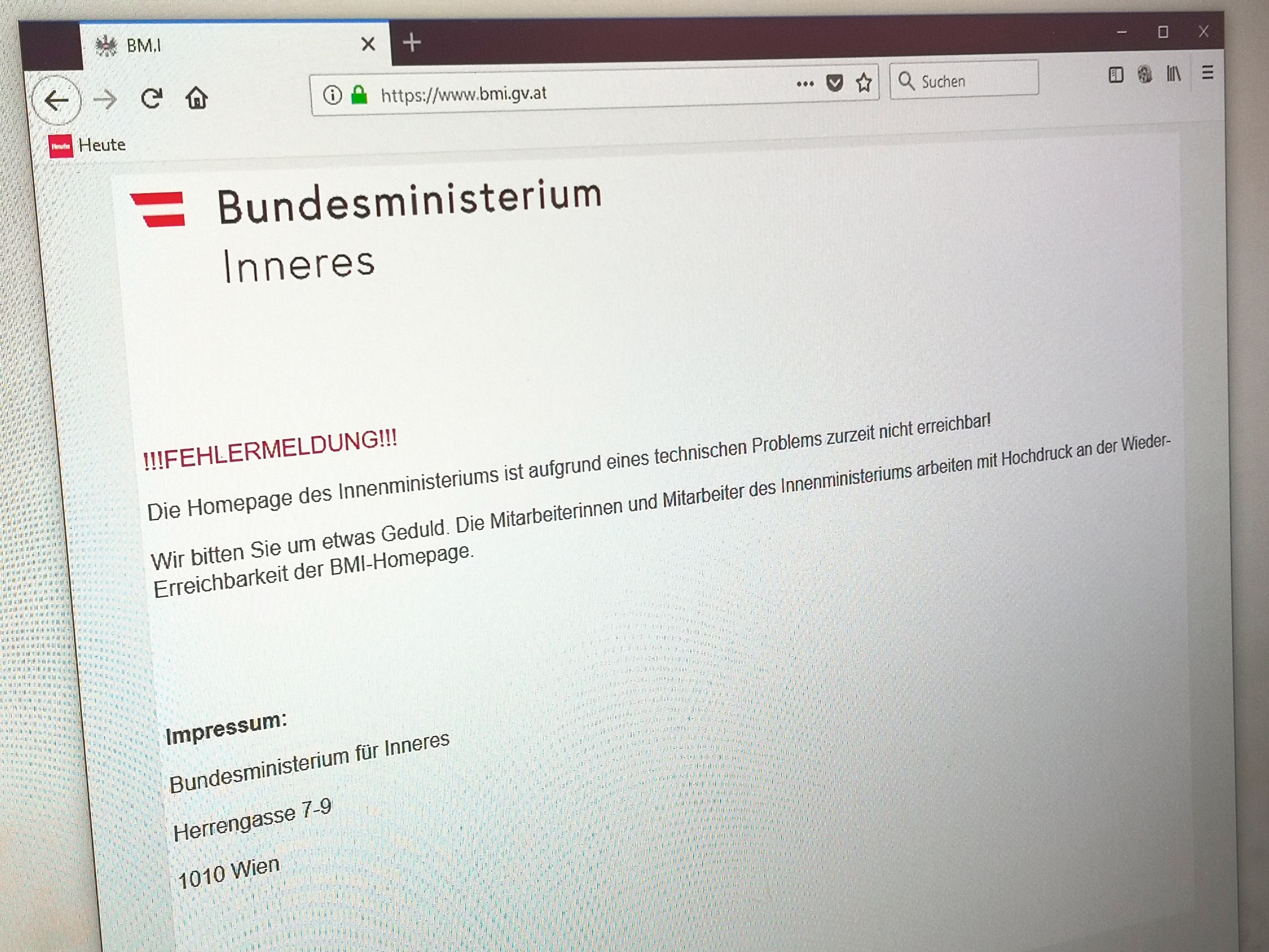 "!!!FEHLERMELDUNG!!! Die Homepage des Innenministeriums ist aufgrund eines technischen Problems zurzeit nicht erreichbar!"