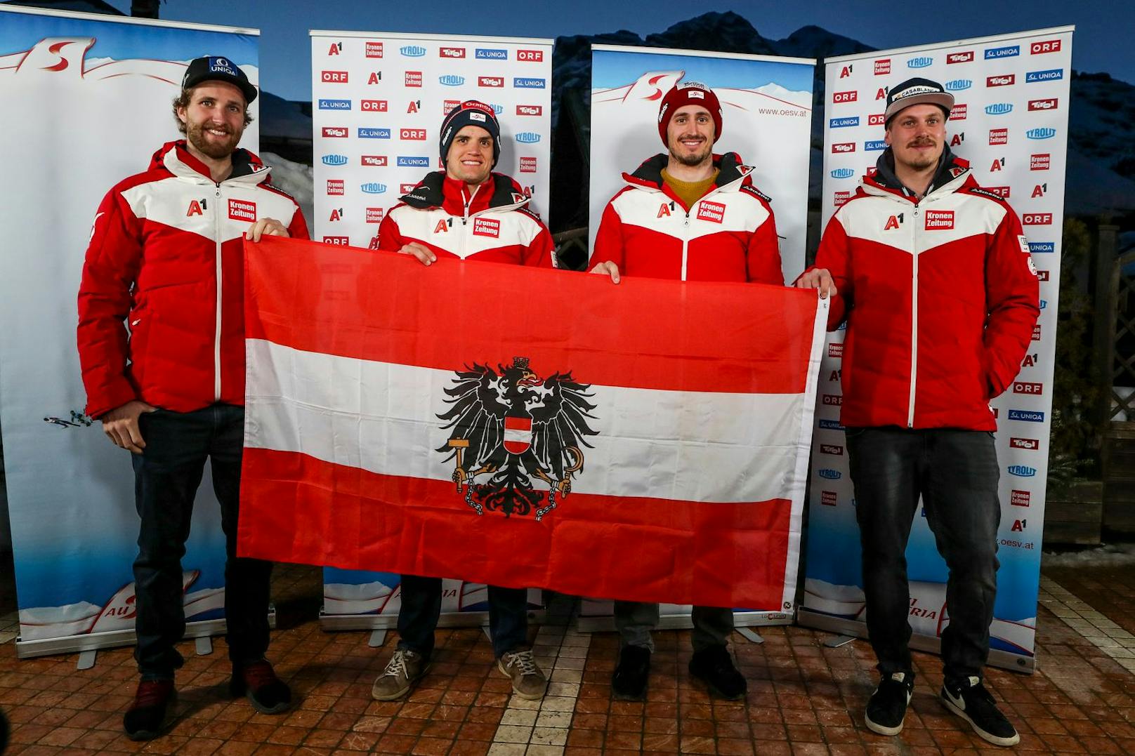 Das ÖSV-Quartett für den Riesentorlauf in Cortina. 
