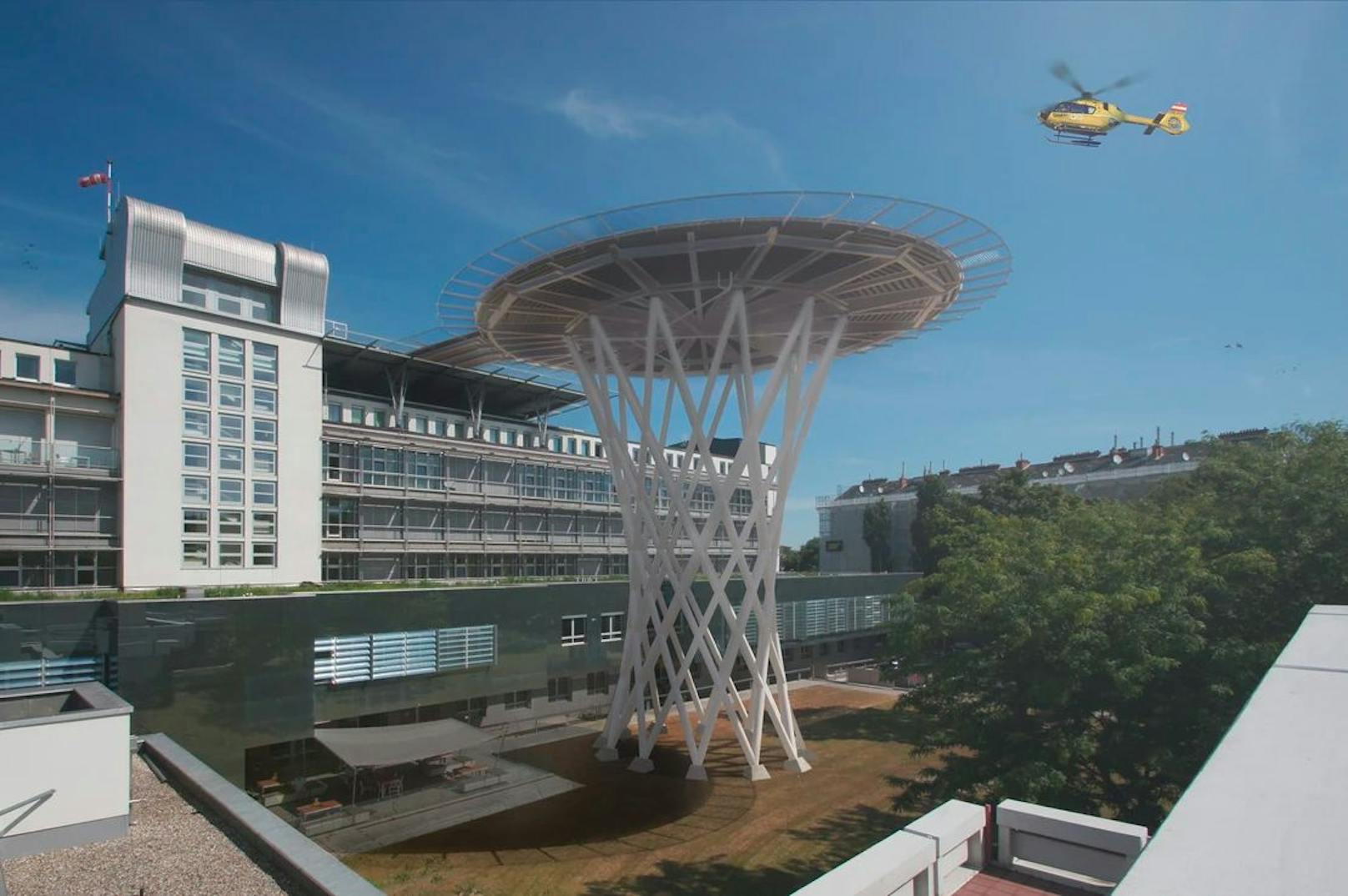 Visualisierung der neuen Hubschrauberlandeplattform im AUVA-Traumazentrum Wien: Der Turm soll 26 Meter hoch werden.