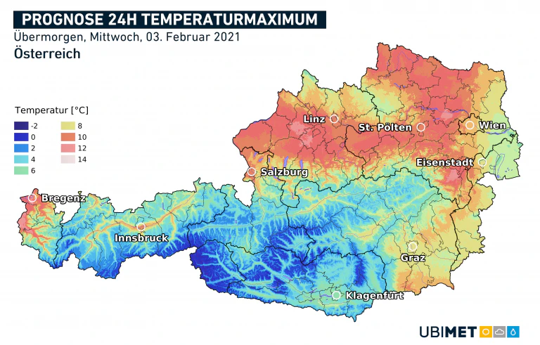 Temperaturprognose für Mittwoch, 03. Februar 2021.