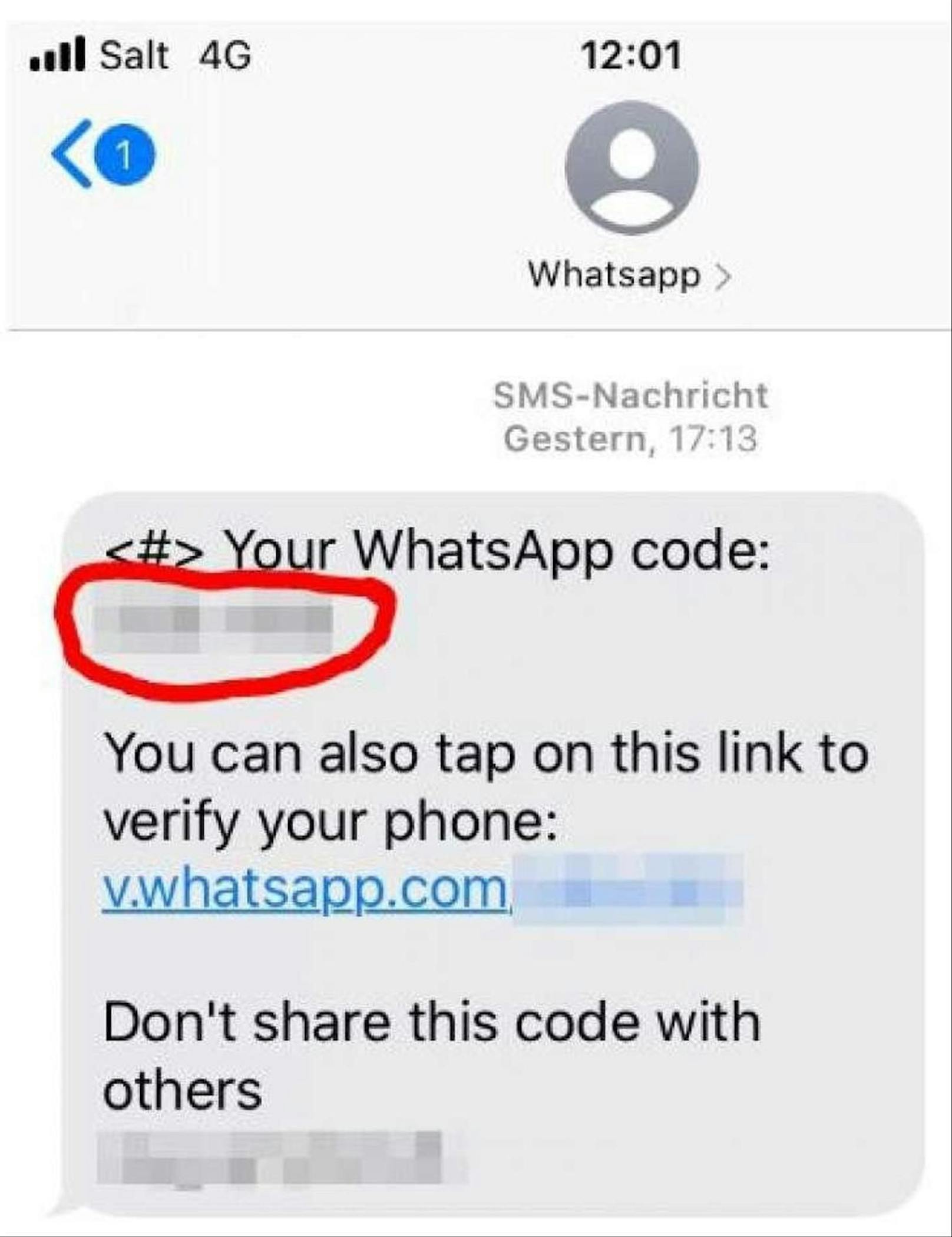 Beim erfragten 6-stelligen Code handelt es sich um den Verifizierungs-Code für das eigene WhatsApp-Profil.