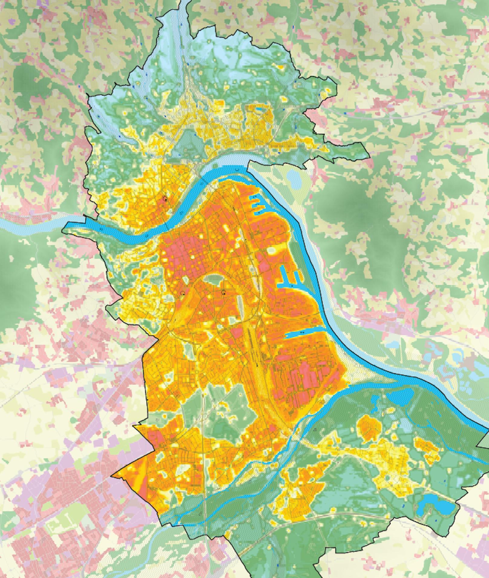Die Karte zeigt: In der Linzer Innenstadt ist es viel zu heiß, wogegen vor allem im Linzer Süden und ganz im Norden kühle Luft vorherrscht und sogar Frischluft produziert wird.