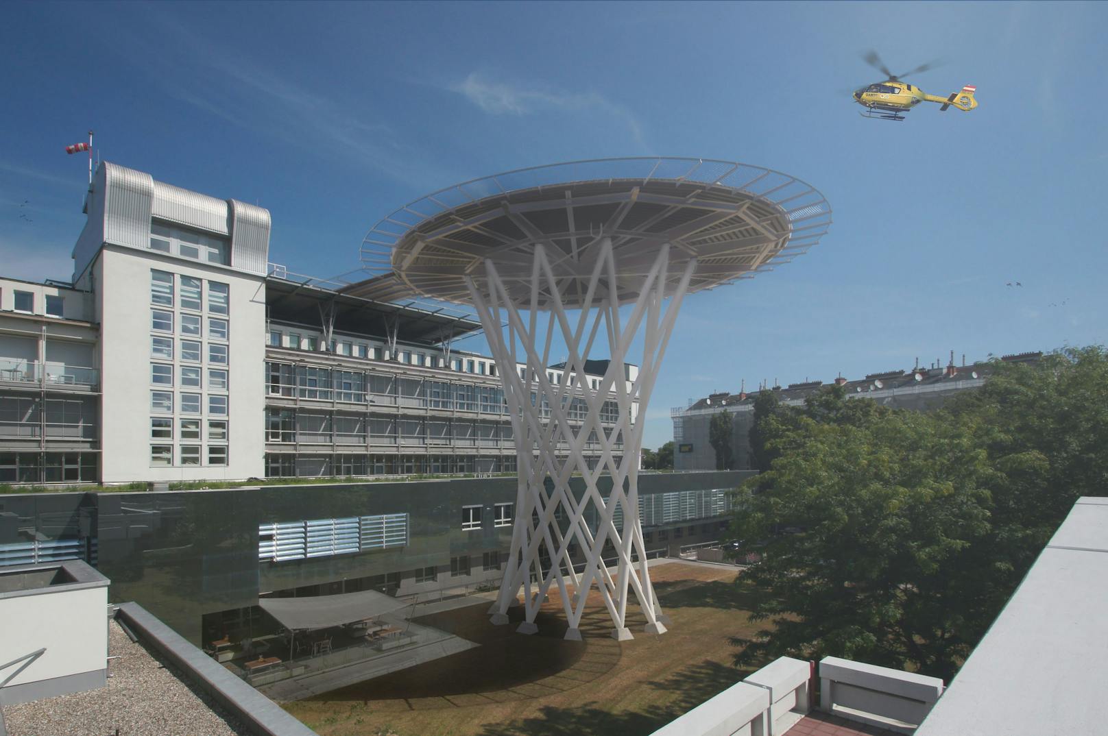 Visualisierung der neuen Hubschrauberlandeplattform im Traumazentrum Wien am Standort Meidling