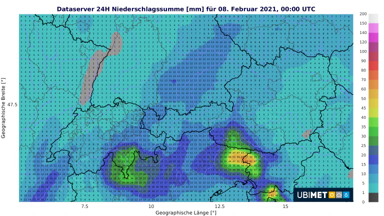 Niederschlagssumme für Sonntag, 7. Februar.