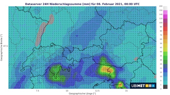 Niederschlagssumme für Sonntag, 7. Februar.