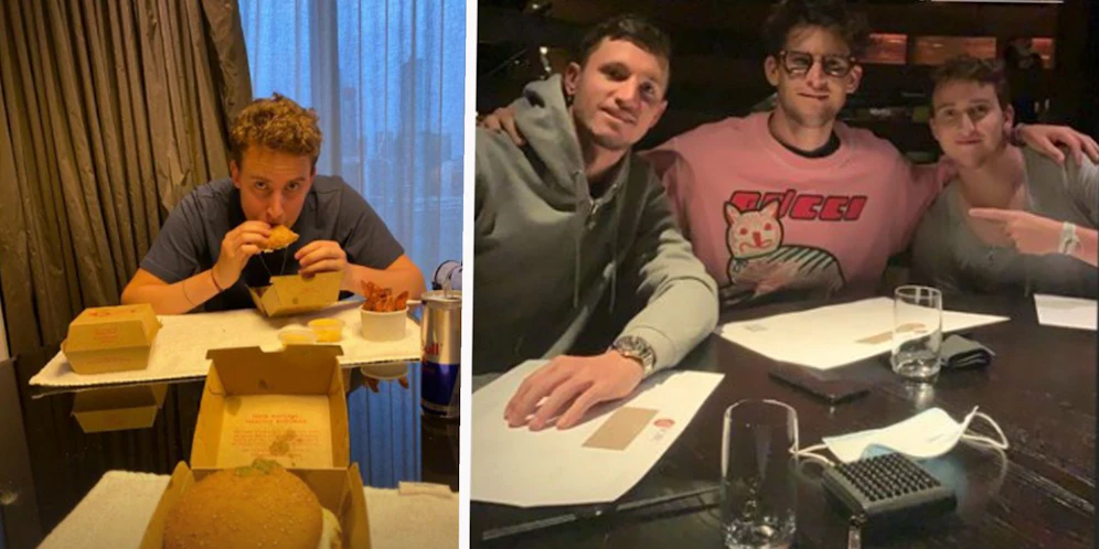 Dominic Thiem fotografiert Bruder Moritz mit Burger, posiert im pinken Pulli zwischen Dennis Novak und Moritz.