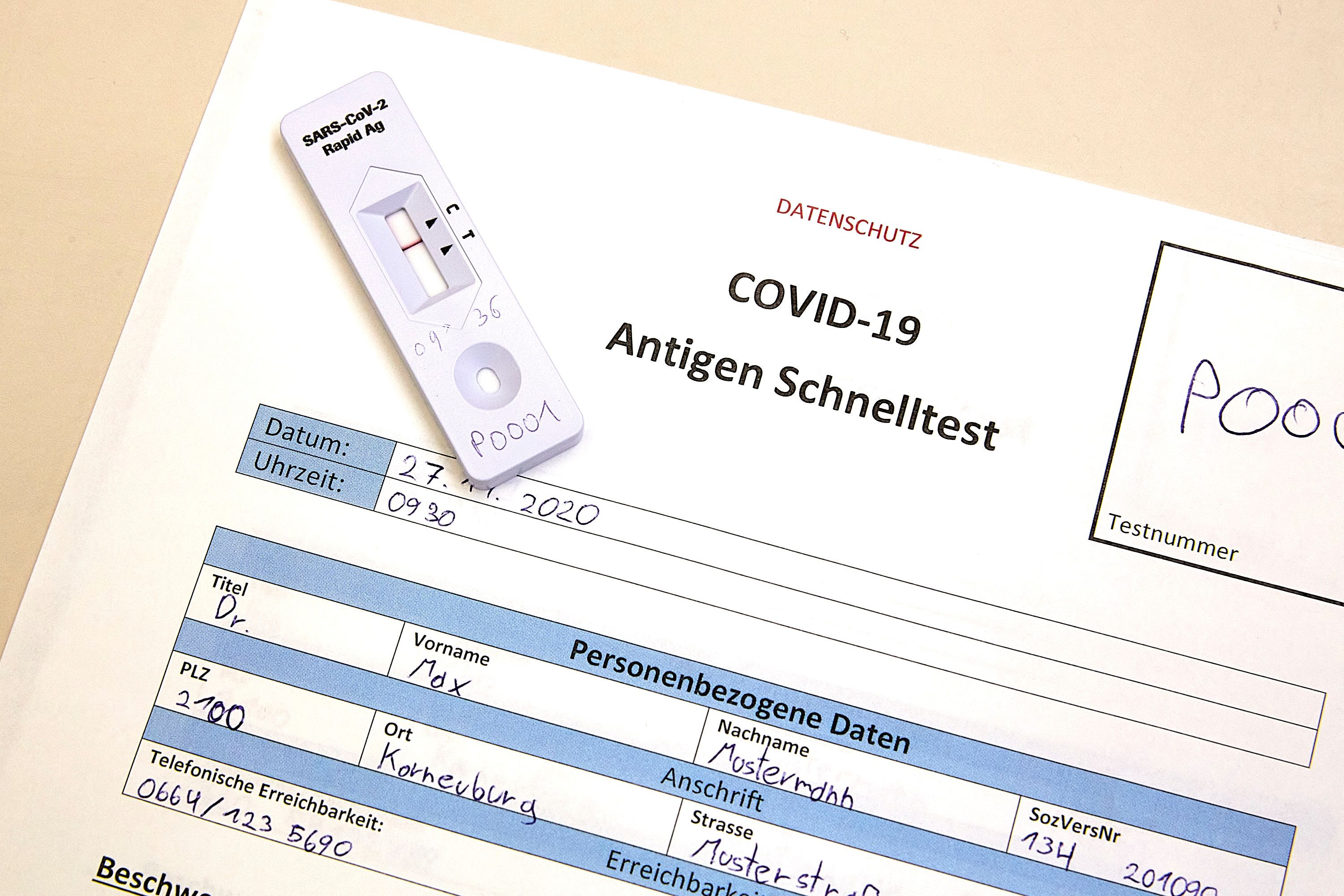 Ein negativer Corona-Schnelltest aus einer Corona-Teststraße in Niederösterreich