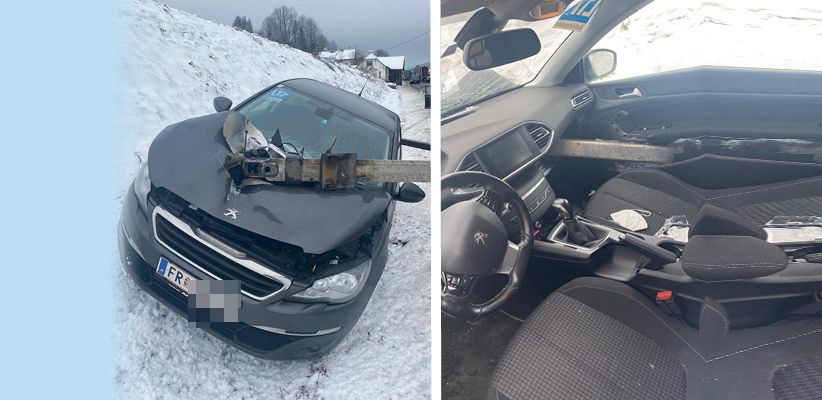 Das "Eisenteil" bohrte sich von der Motorhaube durch das Handschuhfach und kam beim Beifahrersitz wieder raus.