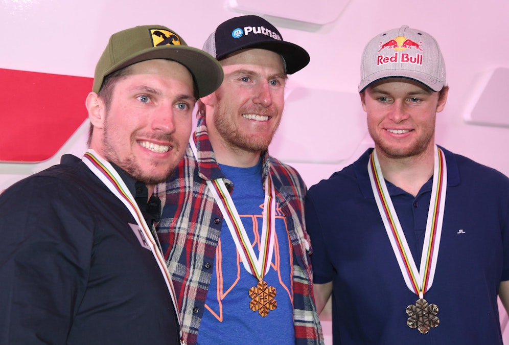 Ted Ligety bei der WM 2015 mit Marcel Hirscher und Alexis Pinturault