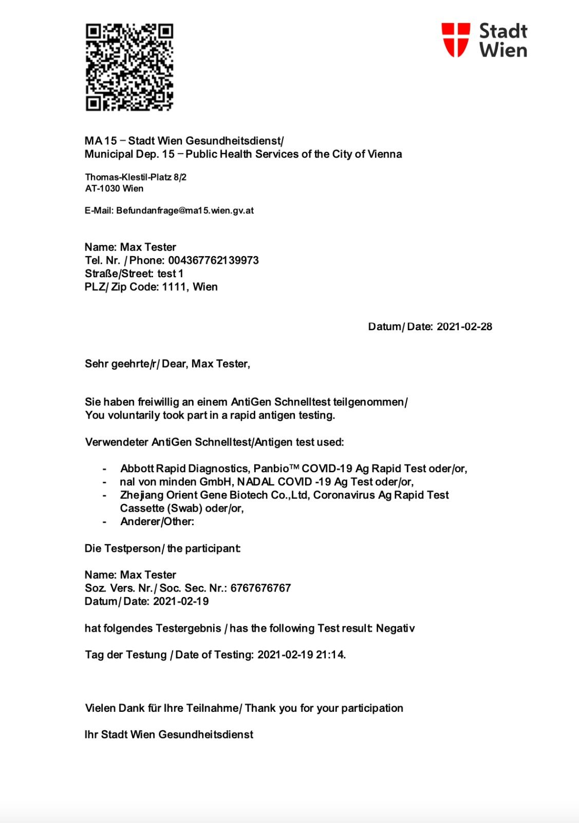 So sehen die Testergebnisse eines Antigen-Schnelltests künftig aus: Alle wichtigen Angaben sind abgedruckt, dazu sind alle Information auch in dem neuen QR-Code enthalten, der auf die Testperson individualisiert wird.