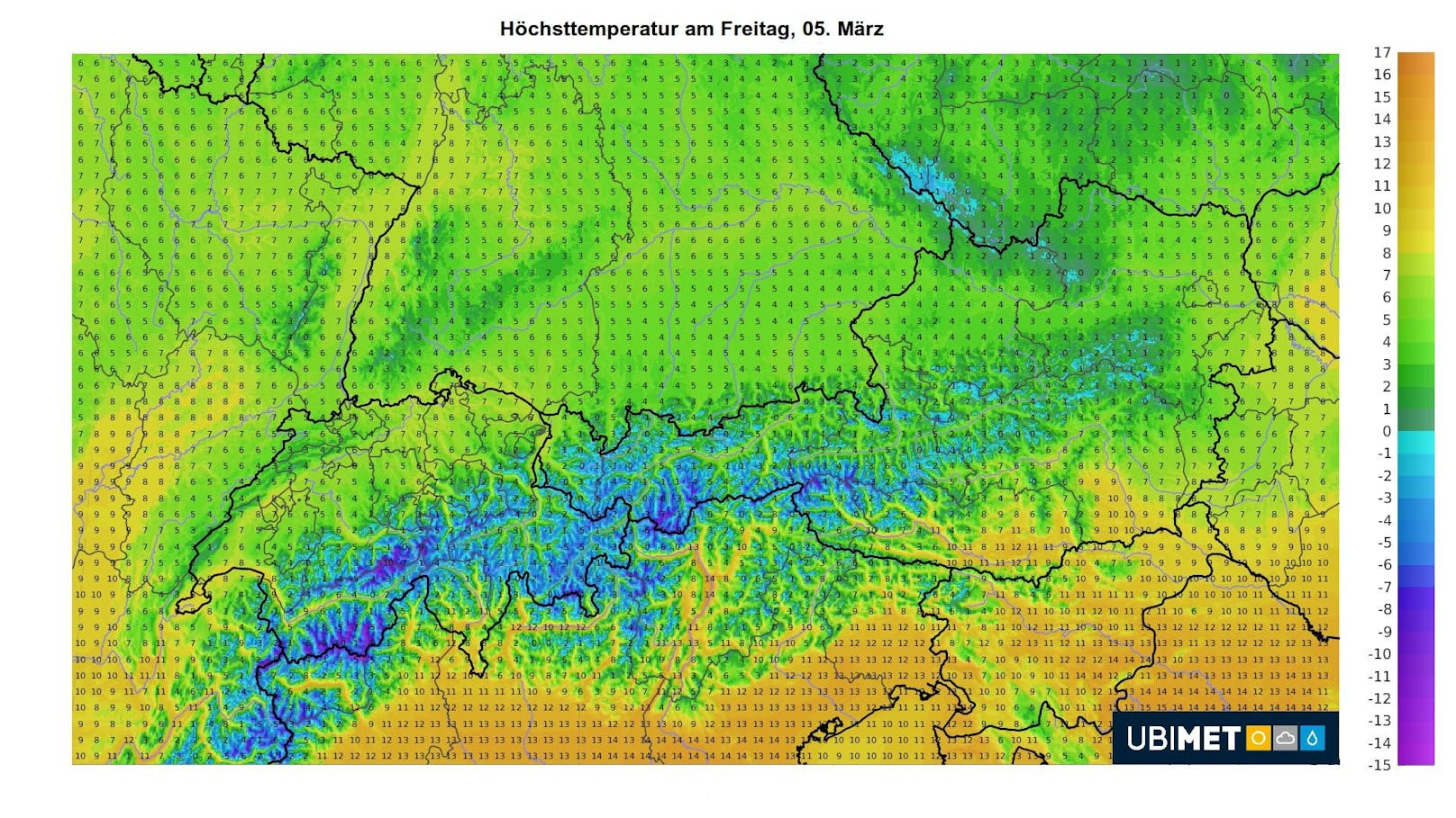 Die Temperaturen gehen am Freitag deutlich zurück, sie steigen nur noch auf 3 Grad im Oberen Waldviertel und 13 Grad in Kärnten.
