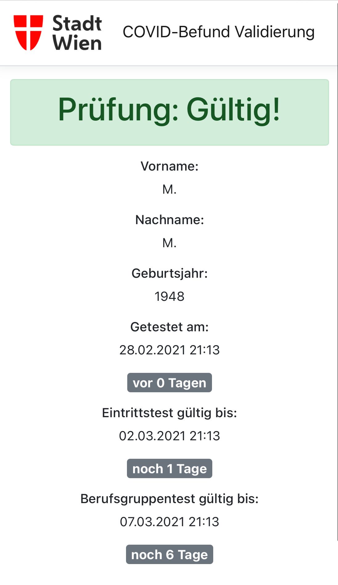 So sieht etwa ein Negativ-Testergebnis aus, das nach weniger als 48 Stunden mit der QR Code-Reader gescannt wurde.
