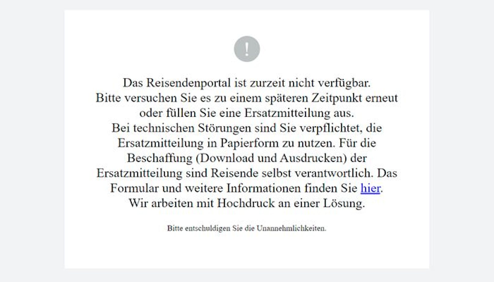 Die aktuelle Fehlermeldung, wenn man sich im Internet zur Ein- und Ausreise in Deutschland registrieren möchte.