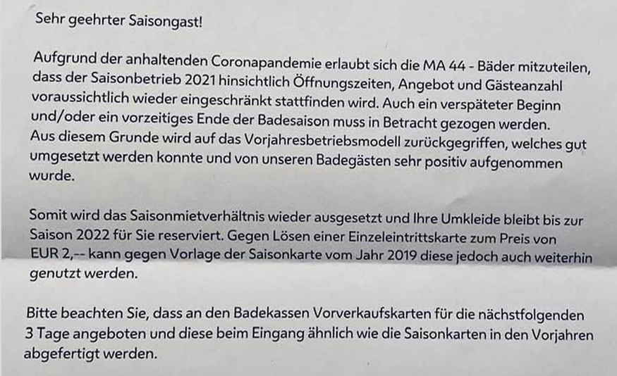 Diesen Brief bekommen nun bisherige Kästchen- und Kabinen-Mieter von den Wiener Bädern.