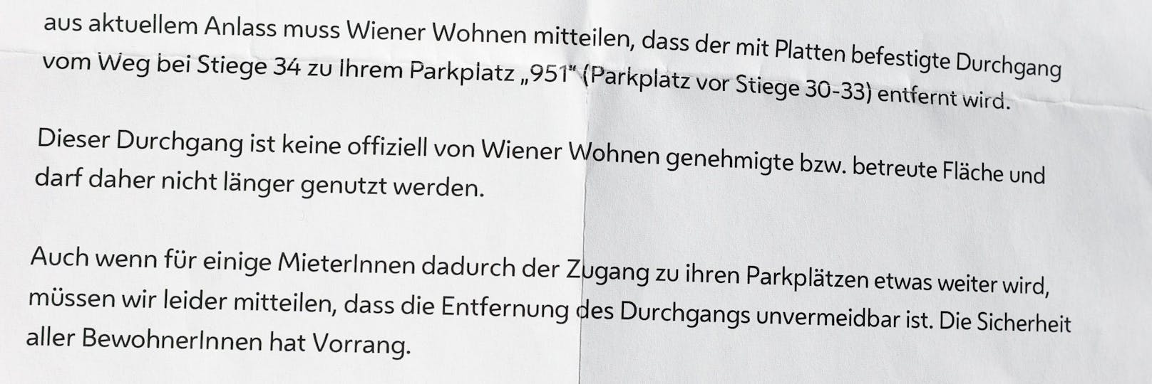 Schreiben von Wiener Wohnen zur Entfernung des Durchganges.