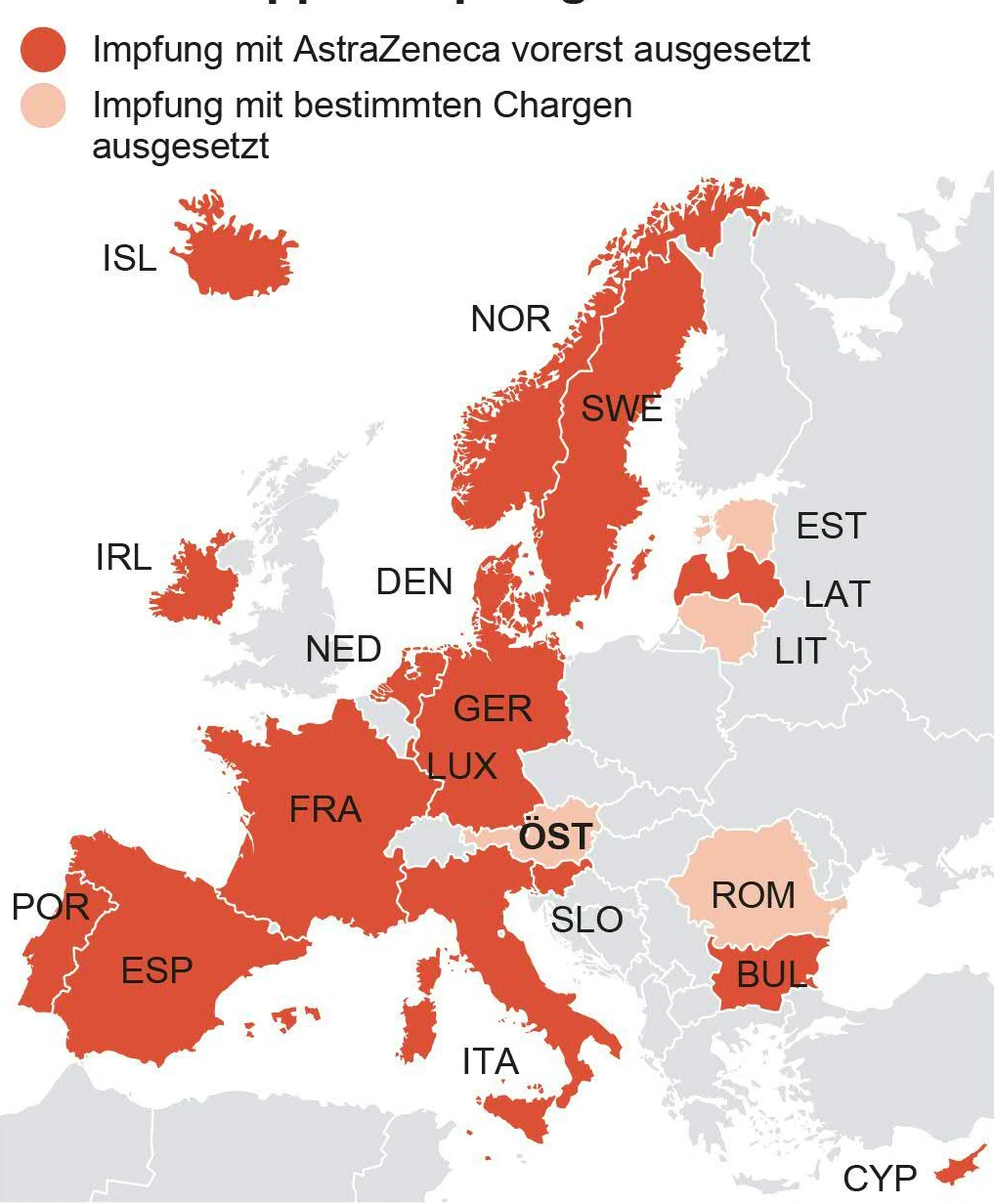 Grafik: In diesen Ländern wurde die Impfung mit AstraZeneca-Vakzin ausgesetzt. Stand: 16. März&nbsp; 2021, 11 Uhr.