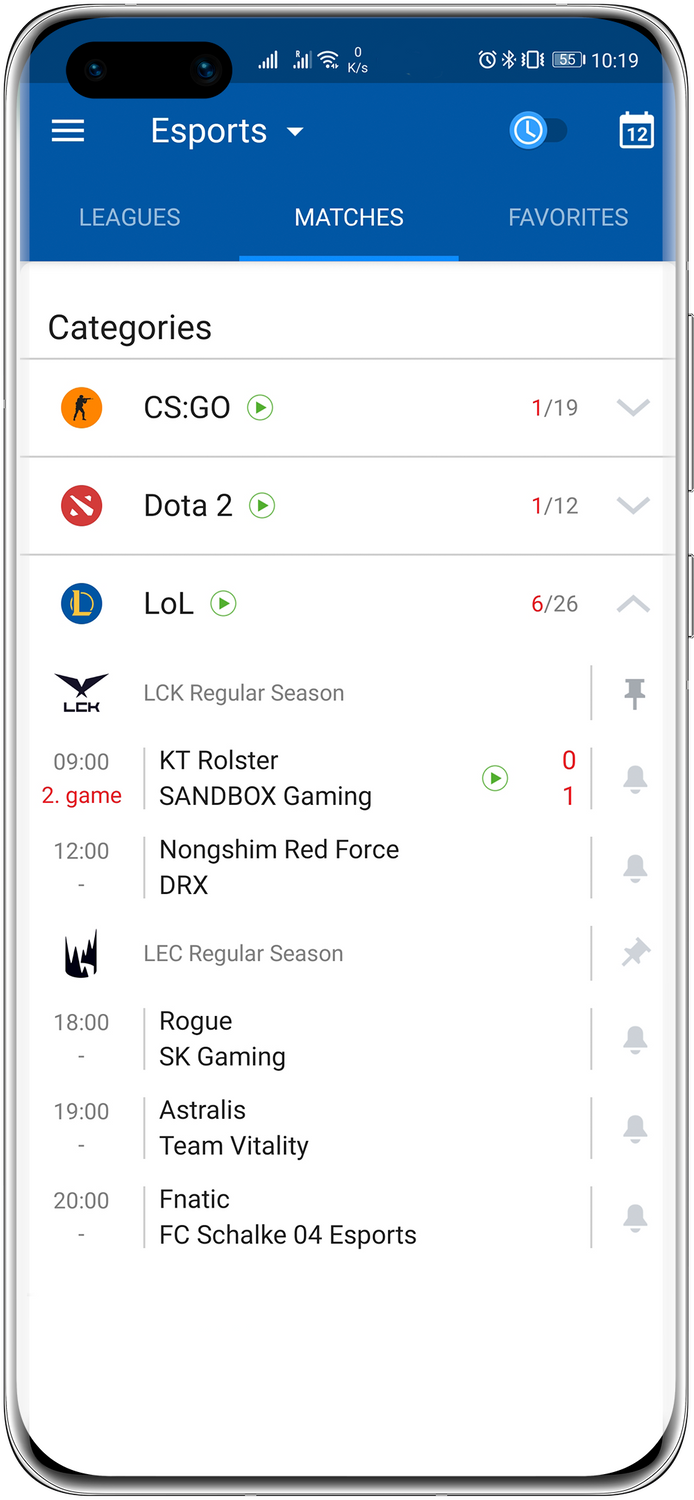 Die integrierten Ligen sind: CS:GO ("Counter-Strike: Global Offensive"), Dota 2 ("Defense of the Ancients 2") und LoL ("League of Legends"). 